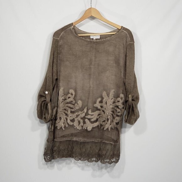 Belle France Brown Tunic Top with Roll-up Sleeves Lace Bottom Lagenlook Small - Picture 1 of 3